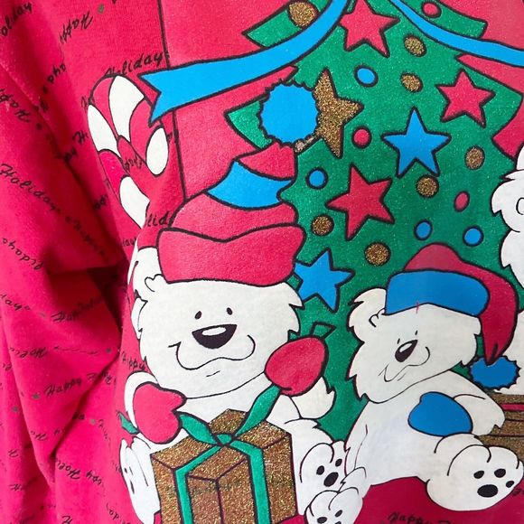 Vintage 90s Holiday Time Red Ugly Puff Paint Pullover Popover Sweatshirt Sweater - Picture 7 of 16